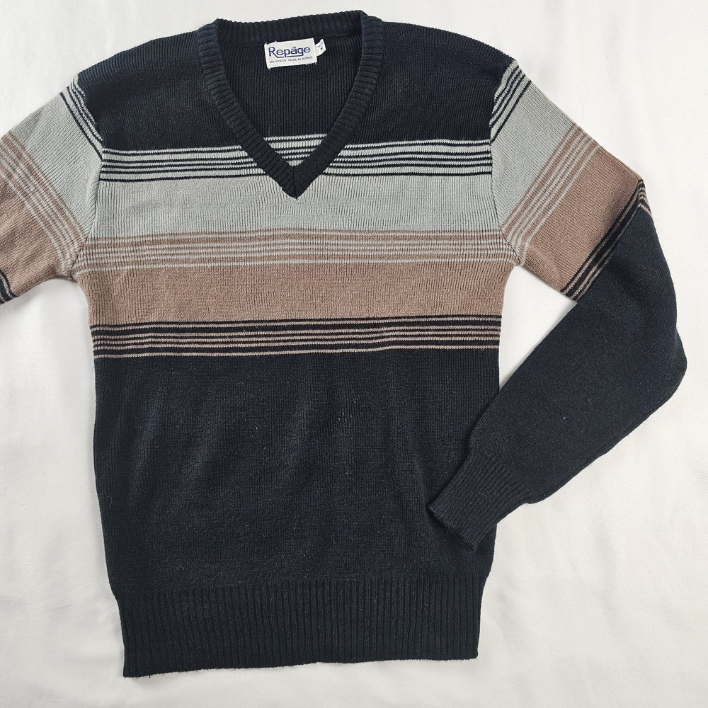 Vtg Repage V-neck Sweater Black W/‎ Gray Brown Stripe Size M